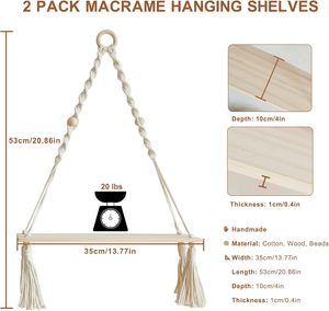 Set di 2 Mensole da Parete <span class=keywords><strong>in</strong></span> Legno - Mensole Galleggianti Boho Bianche con Macramè, Porta Piante Regolabile, Scaffale Rustico per Decorazione Murale - Product Image 2
