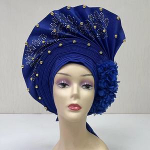 MH-1190 2024 Luxe pour femmes, <span class=keywords><strong>Aso</strong></span> Oke nigérian déjà confectionné, uni, avec strass, turban musulman africain, réglable, foulard pour femmes - Product Image 5