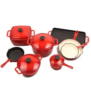 Kitchen Cookware Set Nonstick Red 12Pcs Nonstick Enamel Cast Iron Cookware Set Pots and Pans