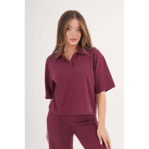 Blusa de Manga Corta con Cuello Camisero Color Borgoña para Mujer, Marca Lustrin, con Detalles de Adorno, Elegante Mezcla de Poliéster y Viscosa para Negocios - Product Image 2