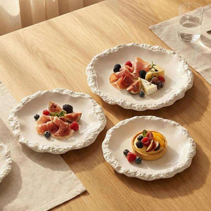 Plato de Postre de Cerámica Blanca Nórdica, Plato de Aperitivos con Textura de Roca Irregular, Plato de Frutas de Porcelana para Restaurante, Vajilla de Hotel - Product Image 1