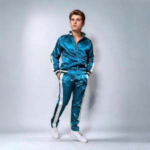 Conjunto Deportivo Unisex Azul Satinado Impermeable con Capucha y Cordón Ajustable, Estilo Deportivo con Bolsillos Laterales, Corte Regular, para Primavera - Product Image 1