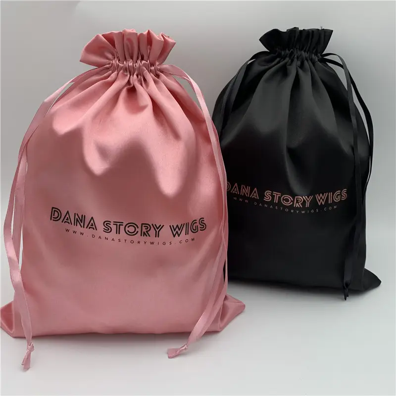Offre spéciale Sac en soie noir/or rose pour extensions de cheveux Sac en satin personnalisé Emballage de cheveux avec logo