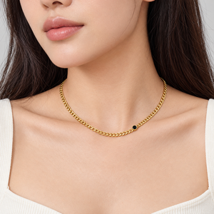 Gold Curb Chain Necklace Stainless Steel 14K Gold Vacuum Plated <b>Black</b> Zircon Accent 40+5cm - Product Image 5