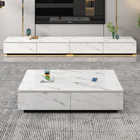 Ensemble Moderne de Meubles de Salon en Bois MDF : Meuble TV Intelligent Effet Marbre et Table Basse avec Tiroir