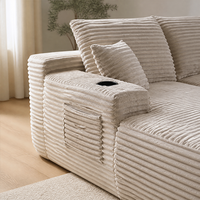 Canapé convertible double en velours côtelé avec porte-gobelets, assise profonde beige, profil bas, pour centre commercial, villa, appartement