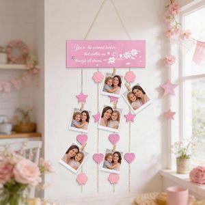 Support <span class=keywords><strong>photo</strong></span> en bois rose avec pinces et ficelle pour collage de photos de la fête des Mères, <span class=keywords><strong>tableau</strong></span> d'affichage mural en bois - Product Image 2