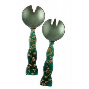Ensemble de fourchettes et cuillères à salade en résine artisanale, finition miroir, vert et or, pour fêtes et cuisine - Product Image 1