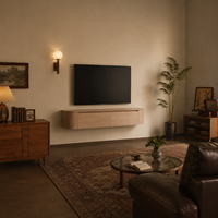 Console murale flottante moderne pour téléviseur, en placage de bois aux coins arrondis, meuble multimédia mural