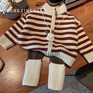 Tongxingyuan <b>Girls</b> Knitted <b>Cardigan</b> Set Stripe Thickening Cotton Woolen Autumn Winter Children Outfits - Product Image 1