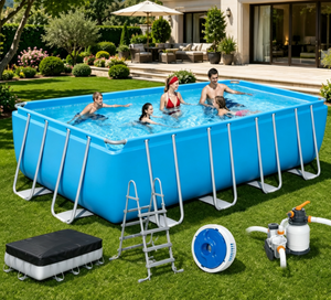 Rectangular Above Ground Swimming <b>Pool</b> With Frame PVC Family Outdoor <b>Pool</b> With Cover Ladder Filter <b>Pump</b> - Product Image 1