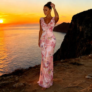 Vestido de Verano para Mujer, Estilo Francés, Estampado de Mariposas Rosas, Largo hasta el Suelo, Tejido, Cintura Natural, Cuello con Volantes de Encaje, Malla, para Vacaciones - Product Image 5