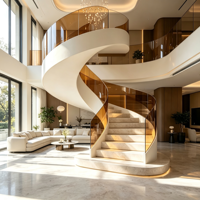 Escalier en marbre courbé de luxe moderne avec garde-corps en verre ambré et éclairage LED pour la décoration intérieure de villas et d'hôtels