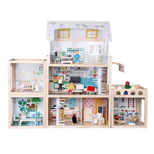 Wooden Doll House Educational Toys With Mini Doll House Furniture For Kids Pretend Play