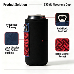 Refroidisseur de canettes isotherme en néoprène avec logo personnalisé, 330 ml/10-12 oz, fermeture éclair, décapsuleur, motif géométrique noir et rouge, portable - Product Image 1