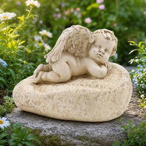Statua da Giardino in Resina di Angelo Dormiente su Roccia, Decorazione Vintage Bianca per Patio, Prato e Tombe - Product Image 1