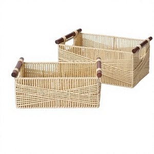 Eco Friendly Rustic Paper Rope Multifunction Storage <b>Basket</b> Set Rectangle Wicker Organizer <b>Wood</b> Handles for Counter Bathroom - Product Image 3