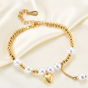 Heart Shape Imitation Pearl <b>Bead</b> <b>Bracelet</b> Gold Color Women's Everyday Wear Jewelry <b>Charms</b> - Product Image 1