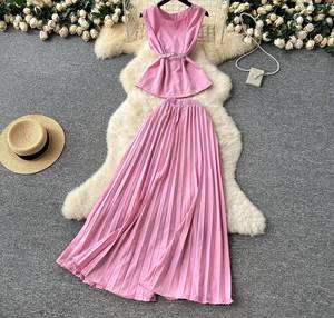 Ensemble Jupe Slim et Haut Tunique Bandeau Col Rond Sans Manches <span class=keywords><strong>Taille</strong></span> Haute Décontracté Couleur Unie Été Vente en Gros Large <span class=keywords><strong>Grande</strong></span> <span class=keywords><strong>Taille</strong></span> pour Femmes - Product Image 4