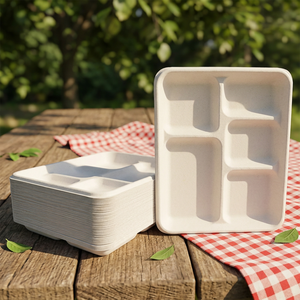 Offre Spéciale – <span class=keywords><strong>Assiette</strong></span> Alimentaire Compostable Jetable en Bagasse, Plateau Compartimenté Blanc Comestible à 5 Grilles pour Vaisselle et Camping - Product Image 5