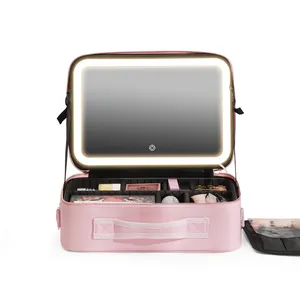 Beauty Travel Makeup Case With Large Lighted Mirror Cosmetic Bag Professional Cosmetic Artist Bag Thread Cover Box