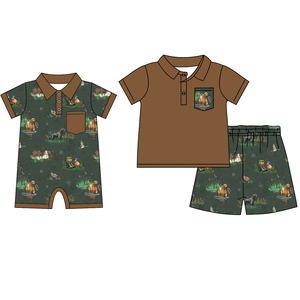 Pre-ordenar (MOQ 5) Conjunto de Camisa y Pantalones Cortos para Bebé Niño con Estampado de Animales de Caza, Estilo Trendyism Boutique, en Spandex Suave/Algodón Orgánico, 2 Piezas - Product Image 1