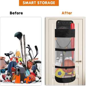 Wall-Mounted Mesh Ball <b>Storage</b> Bag Organiser, Hanging Sports Equipment Holder, Basketball Football Volleyball Door Rack Black - Product Image 6