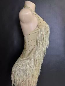 ゴールデンヘイターフリンジスパークリングラテンレオタードノースリーブパフォーマンスドレスポールジャズチャチャダンス服衣装 - Product Image 4