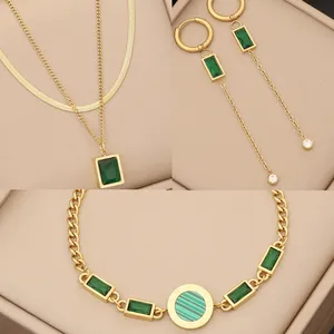 Carline Wholesale Women 18k Gold Plated Stainless Steel Emerald Zircon Layered Necklace Bracelet Long Earrings Jewelry Set