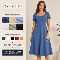 Robe Midi en Gros 200GSM Coton Doux Col Carré Manches Courtes Coupe Évasée Femme Bleue Décontractée Logo Personnalisé OEM