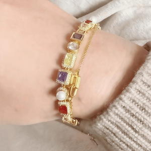 Zircon Bracelet Geometric Multicolor Pearl Bezel Setting Zinc Alloy Jewelry Gift Unisex Hip Hop Style - Product Image 4