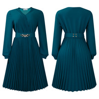 Nouvelle mode robe plissée à col en V pour femmes avec ceinture bouffée à manches longues dame élégante a-ligne couleur unie robe longue mi-longue de fête décontractée
