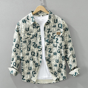 Chemise décontractée à manches longues en sergé durable pour <span class=keywords><strong>homme</strong></span>, imprimé alphabet streetwear, coupe ample, vente en gros, fabricant - Product Image 1