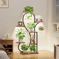 Support à plantes incurvé à 7 niveaux avec lumière de croissance et crochet, étagère à pots de fleurs en métal et bois pour l'intérieur