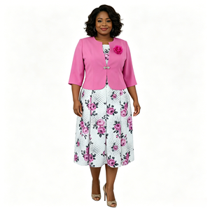 Ensemble robe et veste 2 pièces pour femmes grandes tailles, imprimé floral, élégant, longueur mi-mollet, violet, en crêpe, vêtements grande taille - Product Image 1