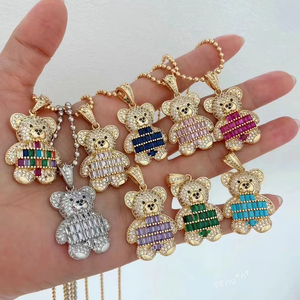 Kalung liontin warna emas jimat beruang Teddy <span class=keywords><strong>3D</strong></span> Fashion perhiasan berlapis tembaga zirkonia kubik CZ pelangi untuk hadiah pasangan - Product Image 5