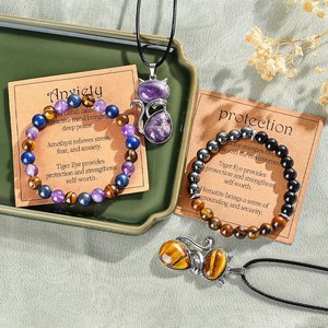 2 pcs/set Triple Protection Bracelet Chat Collier et Carte de Souhait Oeil de <span class=keywords><strong>Tigre</strong></span> Obsidienne Noire Hématite 8mm Rond Perlé Protection Cry - Product Image 2