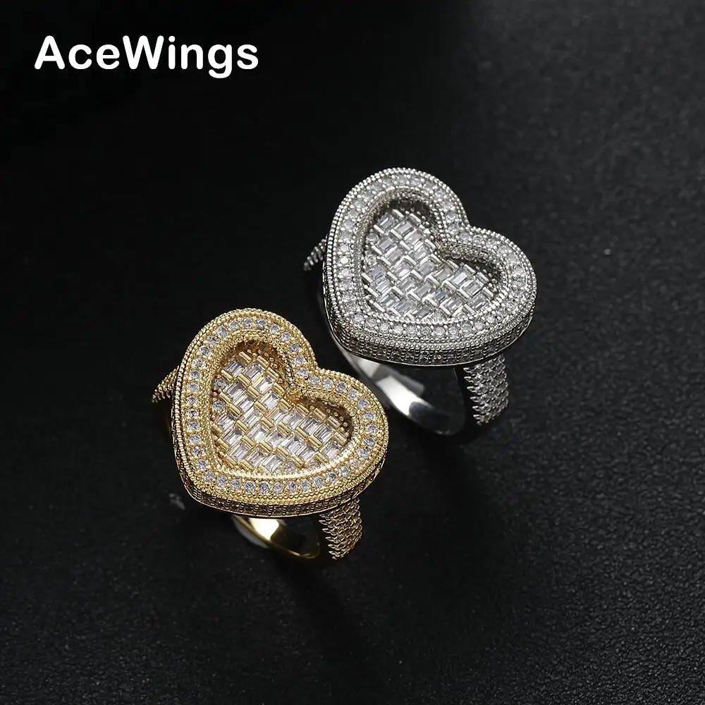 R062 cincin Bling wanita kuningan Pave pengaturan bentuk hati cincin pria hadiah pesta