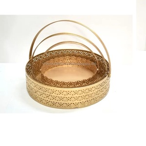 Metal <b>Baskets</b> Round Golden Color With Handle Set Of 3 <b>For</b> Gifting <b>Hampers</b> And Storage Handcrafted Luxury Gift <b>Baskets</b> - Product Image 1