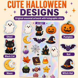 Feuilles d'autocollants holographiques personnalisés pour Halloween, découpés à la forme, imperméables, faciles à décoller, pour albums, journaux, bouteilles d'eau, fêtes - Product Image 2