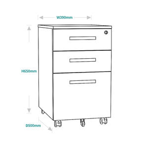 Meuble de classement mobile en acier à 3 tiroirs avec serrure centralisée et roulettes, tiroir pleine longueur 45 cm pour bureau - Product Image 2