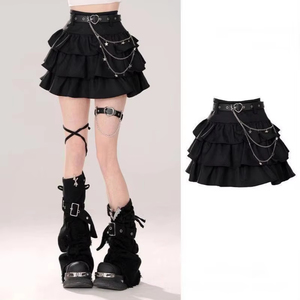 Y2K กระโปรงเค้กพองสีดำสำหรับผู้หญิงชุดขายีนส์เอวสูงสำหรับฤดูใบไม้ร่วงพร้อมสีสันซักกระโปรงสั้นสุดเท่หวานแหววววเข็มขัด - Product Image 1
