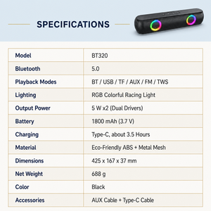 Barra de Sonido Estéreo Inalámbrica RGB BT 5.0 TWS, Altavoces de 5W X2 con Luz LED de Colores, Tipo-C, USB, AUX, TF, FM, Sistema de Cine en Casa para PC/TV - Product Image 4