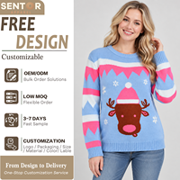 Pull de Noël moche pour femme, col rond, jacquard renne et flocon de neige, en acrylique tricoté, OEM ODM personnalisé, faible MOQ, décontracté et doux