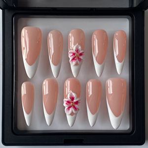 10 pièces blanc français ongles pointe 3d fait à la main sculpté fleur <span class=keywords><strong>manucure</strong></span> peint à la main court carré couverture complète à la main presse sur <span class=keywords><strong>les</strong></span> ongles - Product Image 4