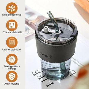 Verres à boire personnalisés avec logo, style bambou, tasse à jus, couvercle en cuir, 400 ml, canette colorée, paille en verre - Product Image 4