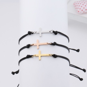 Fashion <b>Adjustable</b> Black Leather Braided Cross <b>Bracelet</b> Stainless Steel <b>Bracelet</b> <b>Gold</b> PVD Plated Cross Charms Pendent <b>Bracelets</b> - Product Image 2