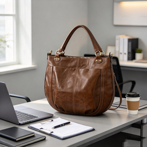 Sac fourre-tout vintage en cuir marron grande capacité avec plusieurs poches et bandoulière amovible - Product Image 2