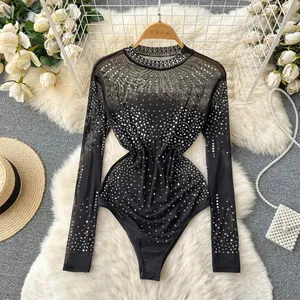 Spring Autumn Pure Bodysuits Women Embroidery Drilling Long Sleeve Jumpsuit Lady Waist-Controlled Slimming Mesh Jumpsuit