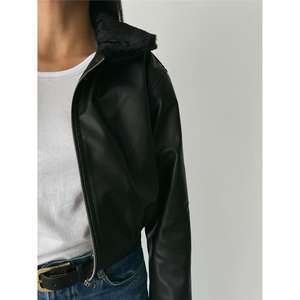 Chaqueta Bomber de Cuero Reversible con Cuello de Piel Negra, Prenda Exterior de Piel de Oveja con Apliques de Flecos, Plumas y Perlas, Decoraciones Personalizadas - Product Image 5